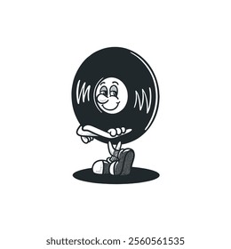 Vinyl record groovy retro character. Vector illustration, logo, cartoon, mascot, funny, set, vintage, sticker, icon, music, comunication, tools