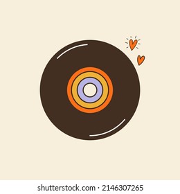 Vinyl Record In Groovy Style. 60s, 70s, 80s, Vibes Funky Sticker. Retro Music Equipment Illustration. Vintage Nostalgia Element For Card, Poster Design And Print