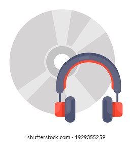 
Vinyl record with headphone, flat icon of music disc