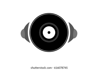 Vinyl record and headphone. Flat icon.