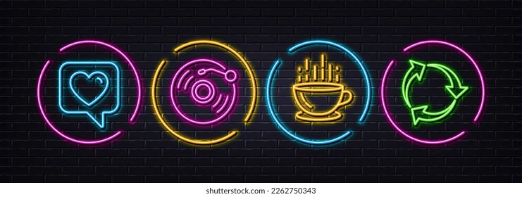 Vinyl record, Heart and Coffee cup minimal line icons. Neon laser 3d lights. Recycle icons. For web, application, printing. Retro music, Like rating, Hot drink. Recycling waste. Vector