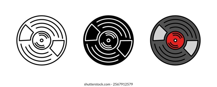 Vinyl record icon. Vinyl disc vector illustration. Retro sound record symbol. Vintage LP album sign. Analog DJ disco circle. Retro album vinyl disc pictogram in three different styles isolated.