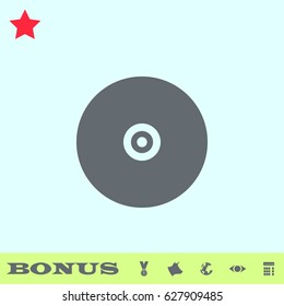 Vinyl record icon flat. Grey pictogram on blue background. Vector illustration symbol and bonus buttons medal, cow, earth, eye, calculator