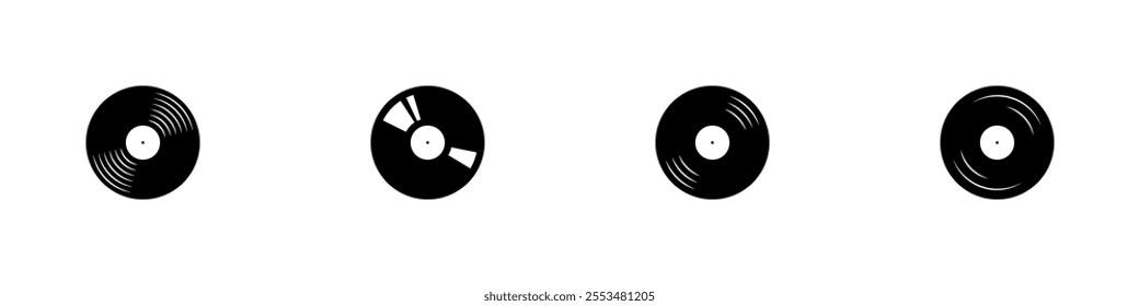 Vinyl record icon set. LP record turntables. DJ equipment. 70s 80s 90s disco symbols. Techno music pictograms. Vector illustration.