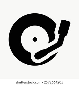 Vinyl record icon with stylus arm. Black and white vinyl record design. Simple vinyl record symbol for music lovers and retro enthusiasts. Simple bold icon vector element.