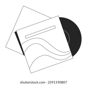 Vinyl record inserted in album cover black and white 2D line object. Physical media. Vintage vibes. Retro music lp sleeve isolated clip art vector outline item. Monochromatic spot illustration