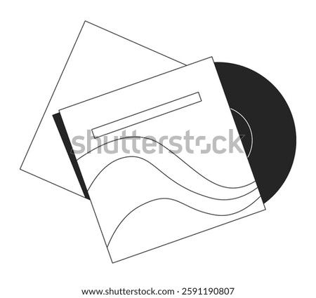 Vinyl record inserted in album cover black and white 2D line object. Physical media. Vintage vibes. Retro music lp sleeve isolated clip art vector outline item. Monochromatic spot illustration