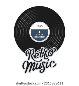 Vinyl record and lettering Retro music on a white background. Music retro icon, vintage logo, vector