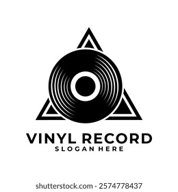 Vinyl record logo design vector. Disc cassette with triangle, vintage logo template