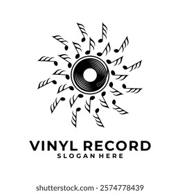 Vinyl record logo design vector. Disc, note and microphone logo, Sound logo vector template