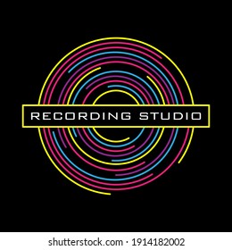 Vinyl record logo for a recording studio. Vinyl line on a black background. Vector.