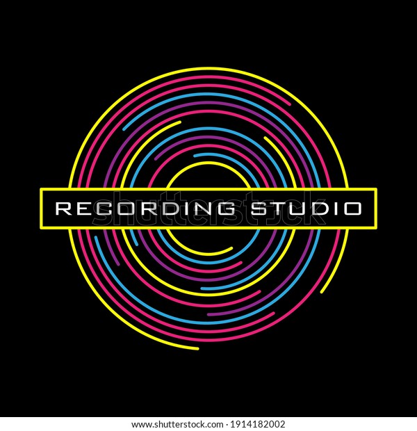 Vinyl record logo for a recording\
studio. Vinyl line on a black background.\
Vector.