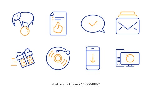 Vinyl record, Mail and Approved message line icons set. Approved document, Scroll down and Present delivery signs. Elephant on ball, Recovery computer symbols. Retro music, New messages. Vector