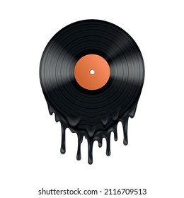 Vinyl record melting realistic composition large black drops of molten vinyl drip off the record vector illustration