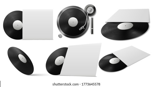 Vinyl record mockup. Realistic black vinyl disc with cover from different angles, music object for disco party, jukebox vector template. Retro design. Record player or turntable equipment