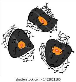 Vinyl record with movement of music note and treble clef, Funny graphic design for concert festival.