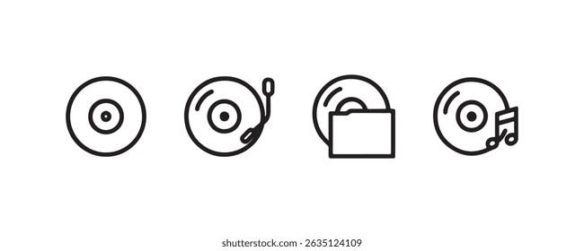 Vinyl record music icons: turntable, folder, musical notes.