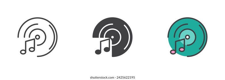 Vinyl record and music note different style icon set. Line, glyph and filled outline colorful version, outline and filled vector sign. dj music symbol, logo illustration. Vector graphics
