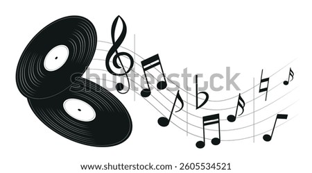 Vinyl record with music notes. Abstract music background with lp disc. Vector illustration for music flyer, poster. Old long disco plate. DJ icon.