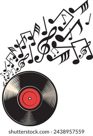 Vinyl record with music notes color. Vector Illustration.