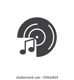 Vinyl record and music notes icon vector, filled flat sign, solid pictogram isolated on white. Symbol, logo illustration