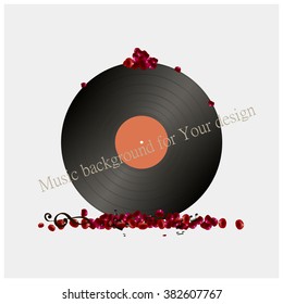 Vinyl record music notes and rose petals