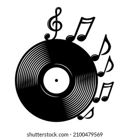 Vinyl record and music notes. Sound equipment DJ icon. Vector illustration isolated on white background.