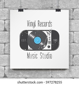 Vinyl record music in the studio. Detailed elements. Old retro vintage grunge. Typographic labels, stickers, logos and badges. Flat vector illustration