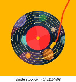 vinyl record music vector with galaxy in vinyl on yellow backgroud graphic