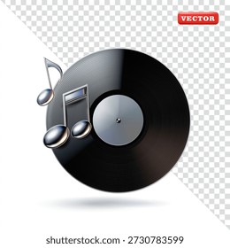 Schallplatte mit musikalischen Noten in glänzendem silbernem Metall, 3D-Vektor. Geeignet für Musik und Design-Elemente