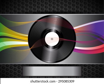 Vinyl Record and Neon Waves over a Brushed Metallic Background with Panel for Your Text