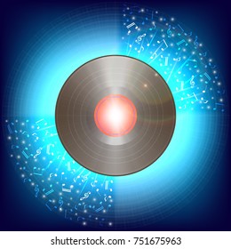 A vinyl record on a blue background. There is a glow under the vinyl plate and musical notes are scattered. The original musical background. The design element is in the form of a vinyl record.