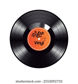 Disco de vinilo con etiqueta de papel naranja. Vector aislado sobre fondo blanco.
