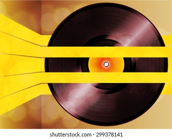 Vinyl Record over Glowing Brown Background with Yellow Stripes