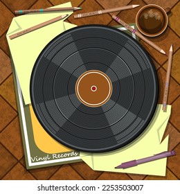 Vinyl record with a package, crumpled sheets of paper, pencils, a ballpoint pen, a cup of coffee on a brown tiled table. Vector illustration