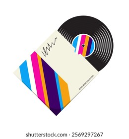 Vinyl record partially emerging from a cardboard sleeve, vector illustration in retro style. Neon colored packaging and retro music disk on white background