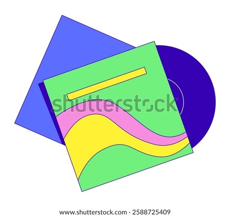 Vinyl record partially inserted in album cover 2D cartoon object. Physical media. Vintage vibes. Retro music lp sleeve isolated element flat vector clipart on white background. Spot illustration