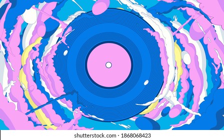 Vinyl record party illustration - Music record spinning with colourful smoke trails. Vector illustration