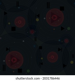 vinyl record patern with icons play music, play forward and backward, musical dark vector pattern of discs with planets for publishing and printing on music theme