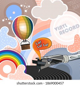 Vinyl record with a pickup, a flying balloon, a rainbow against the background of a multi-colored collage. Art interpretation of musical sound. Vector illustration