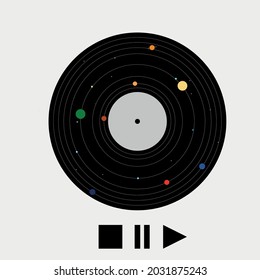 vinyl record with planets, record with icons play music, play forward and backward, musical retro illustration of a disc for publishing and printing on the theme of music