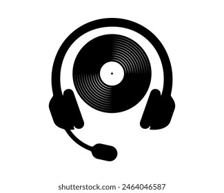Vinyl record plate with headphones icon. Turntable LP disc and earphones isolated on white background. DJ equipment for techno night club party. Listen to music concept. Vector graphic illustration.