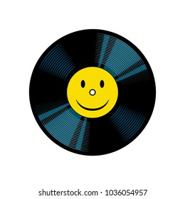 Vinyl record plate with yellow smile symbol pop art retro vector illustration. Isolated image on white background. Comic book style imitation.