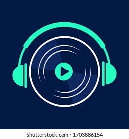 vinyl record play music vector with headphone on blue background graphic 