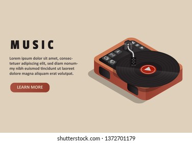 Vinyl record player banner. Music webpage banner. Isometric vector illustration 