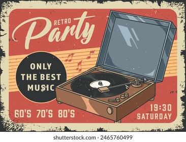 Vinyl record player colorful sticker for invitation to party in retro style with best music of last century vector illustration