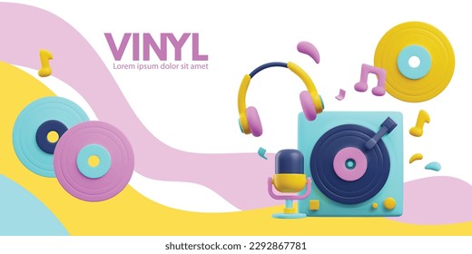 Banner horizontal del reproductor de discos de vinilo en estilo 3d lindo, ilustración vectorial en fondo blanco. Colorido y giratorio, grabación LP, auriculares y micrófono. Conceptos de Dj y podcast.