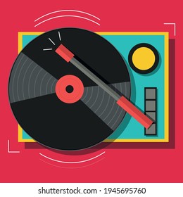 Vinyl-Schallplattenspieler einzeln auf rotem Hintergrund. Drehbarer Song.
