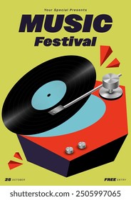 Vinyl record player isometric style with geometric shape. Music festival poster template design element background. Design element for brochure, flyer, print, invitation, vector illustration