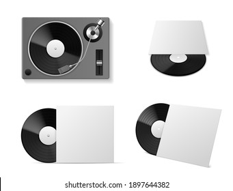 Vinyl record player mockup. Realistic vinyl turntablism, isolated black plate disc in different angles, blank cardboard package template, vintage musical equipment, empty blank cover. Vector 3d set